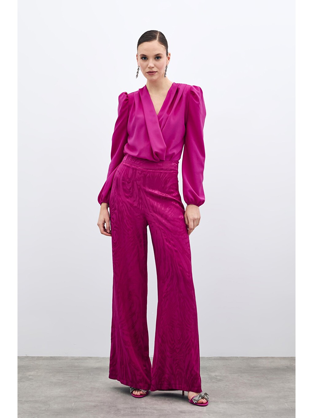 Kruvaze Vatkalı Bodysuit - Fuşya-3