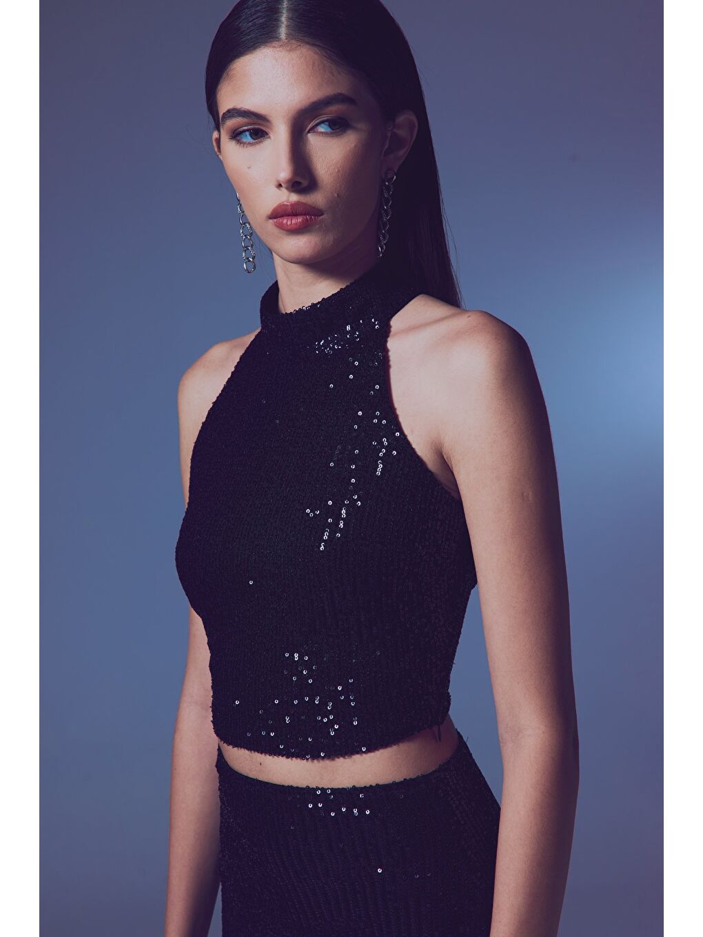 SATEEN Kolsuz Payetli Bluz - Siyah - 4