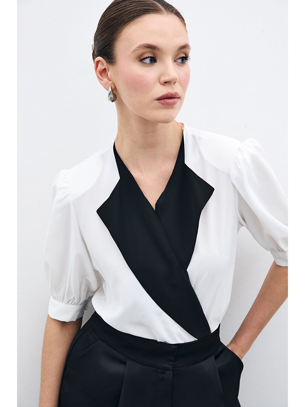 SATEEN Ceket Yaka Bodysuit Bluz - Ekru - 1
