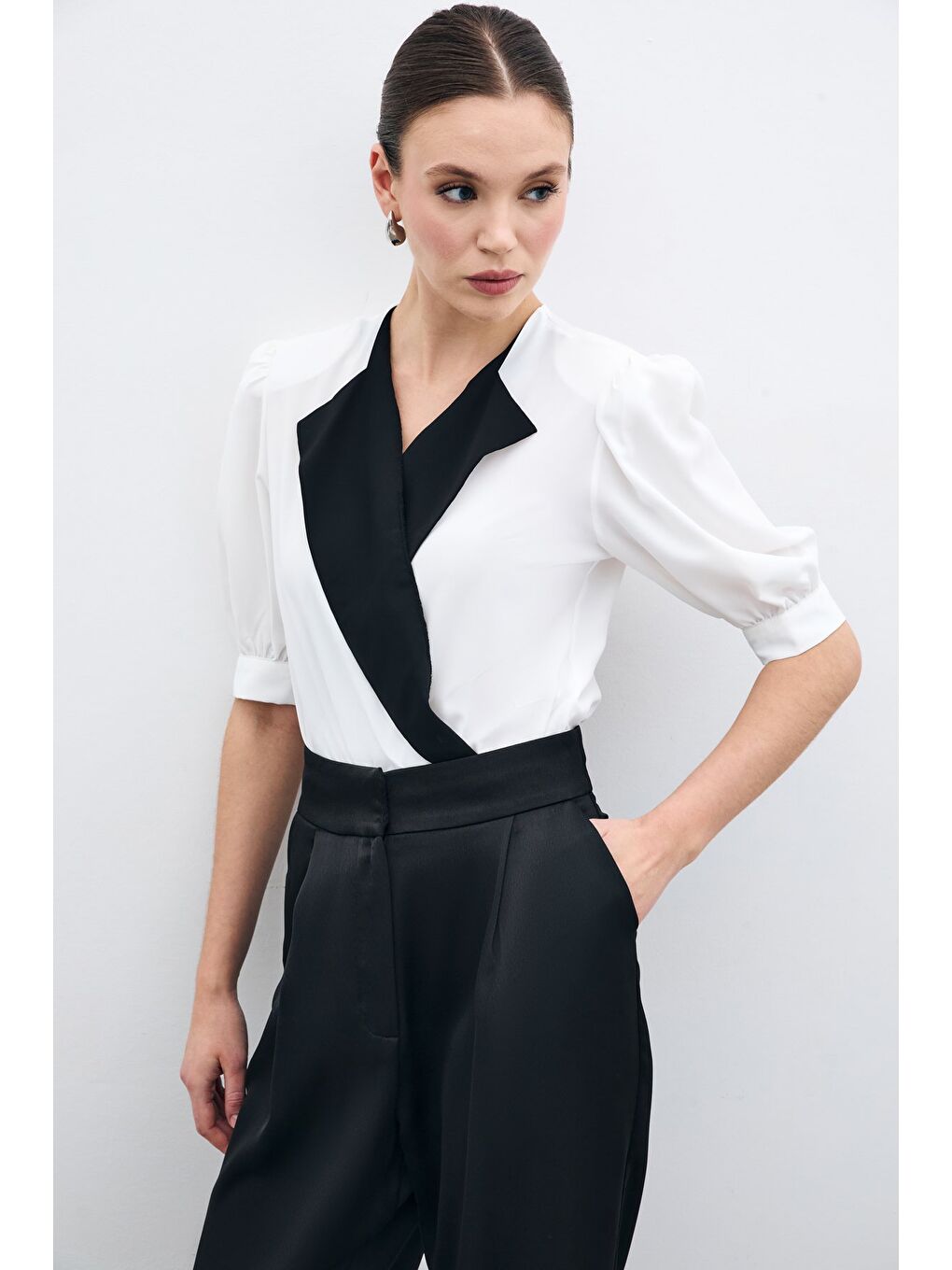 SATEEN Ceket Yaka Bodysuit Bluz - Ekru - 2
