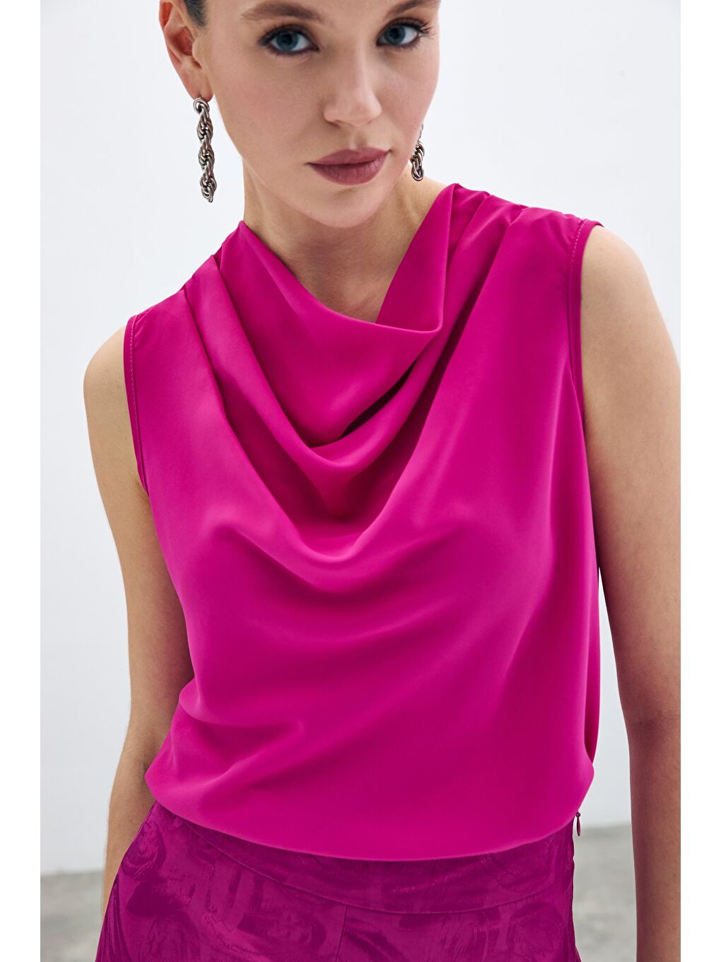 Degaje Yaka Kolsuz Bluz - Fuşya-1