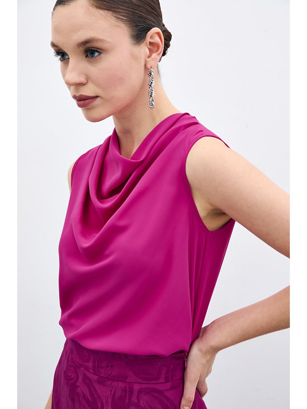 Degaje Yaka Kolsuz Bluz - Fuşya-3