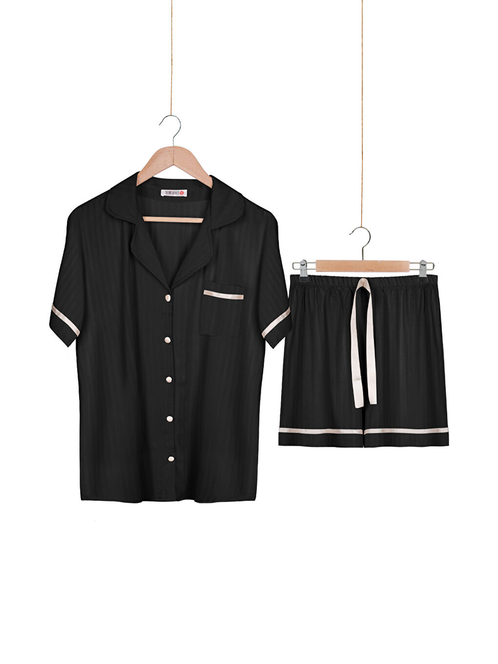 Siyah %100 Dokuma Viskon Kısakol Düğmeli Şort Takım