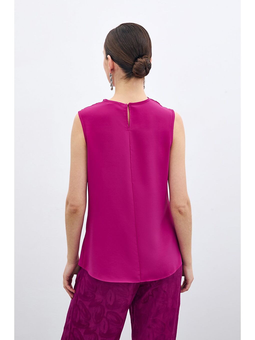 Degaje Yaka Kolsuz Bluz - Fuşya-4