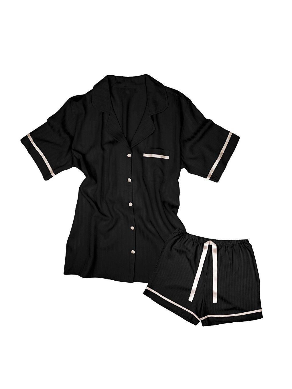 Siyah %100 Dokuma Viskon Kısakol Düğmeli Şort Takım-1
