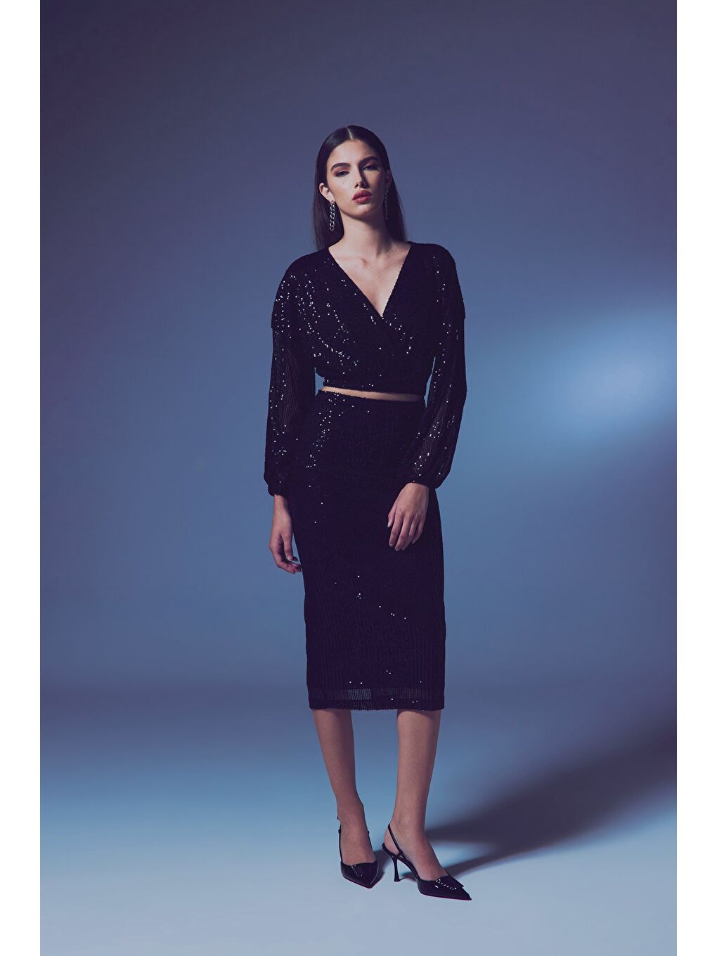 SATEEN Payetli Kruvaze Bluz - Siyah - 6