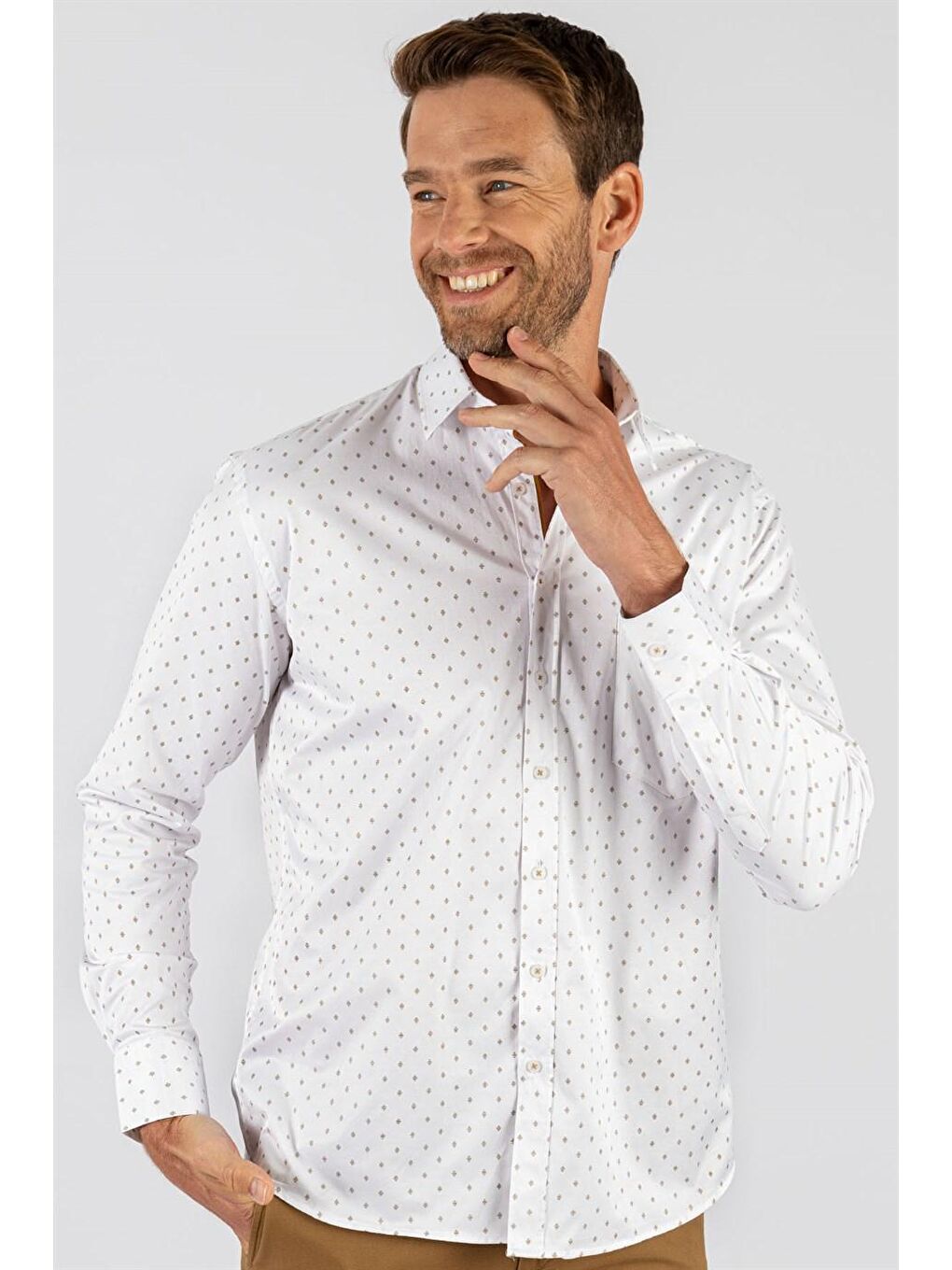 Klasik Fit Pamuklu Kolay Ütü Baskılı Erkek Beyaz Gömlek-1