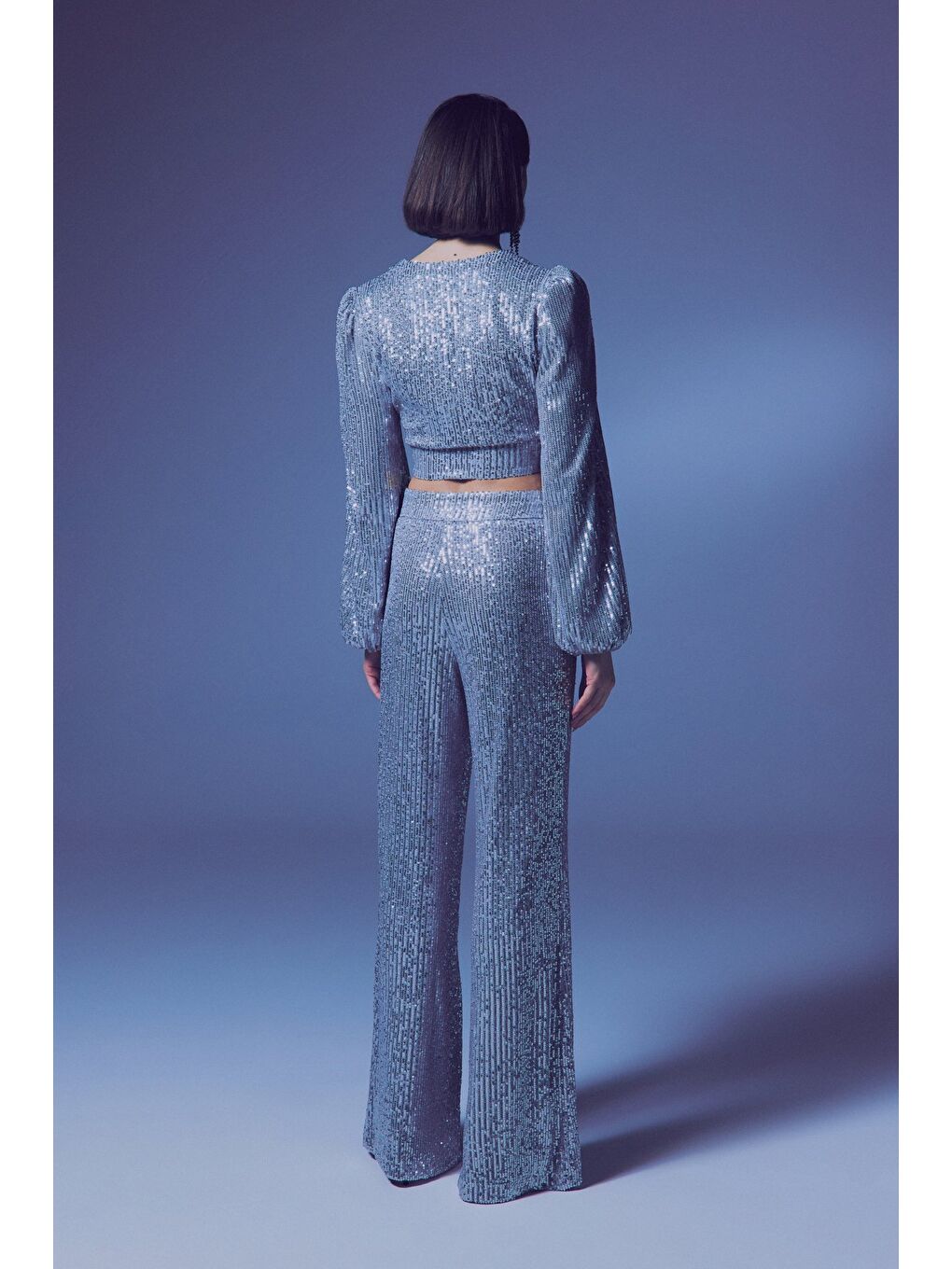 Gri Kruvaze Payetli Crop Bluz - Gümüş-6