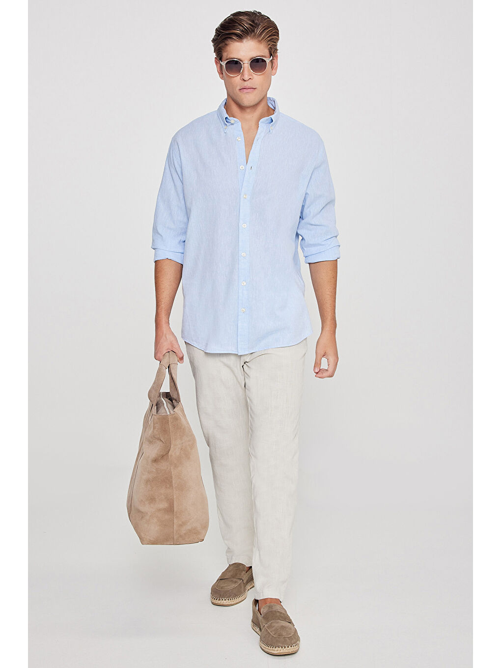 Erkek Açık Mavi Comfort Fit Rahat Kesim Düğmeli Yaka Casual Keten Gömlek-1