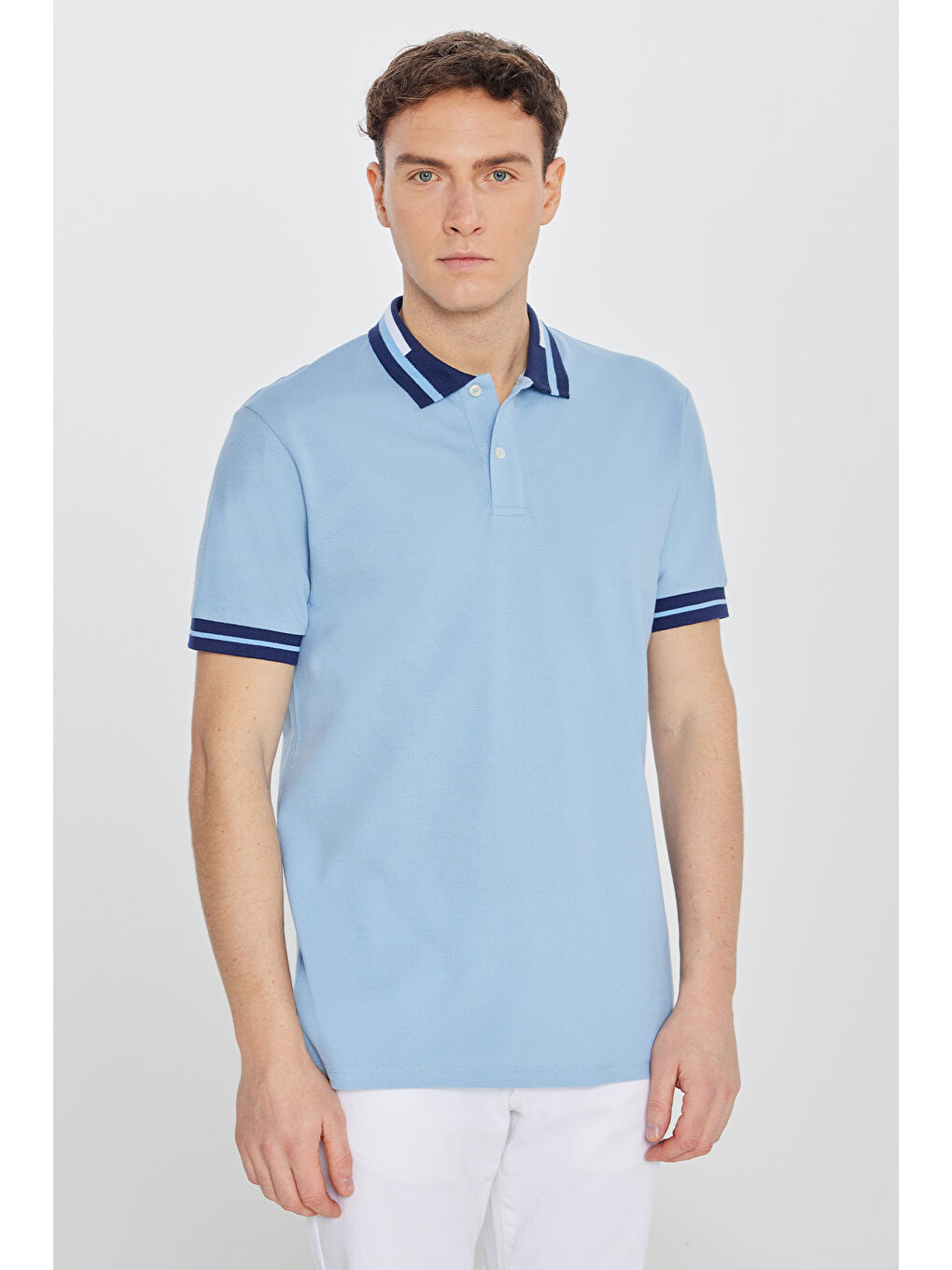 Erkek Açık Mavi Slim Fit Dar Kesim %100 Pamuk Polo Yaka Tişört