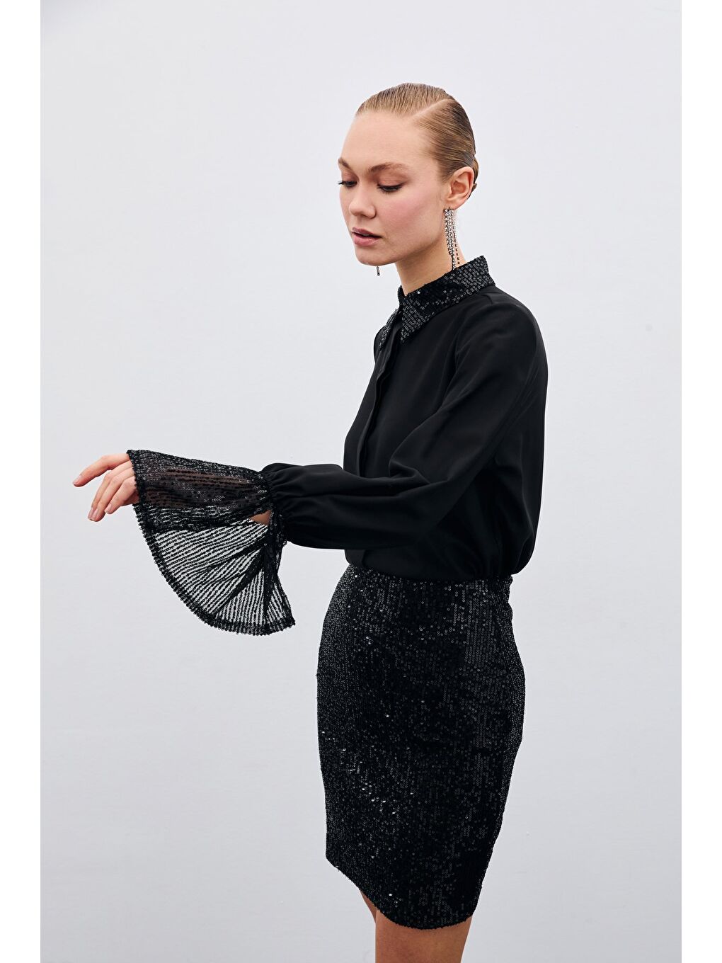 Payet Detaylı Gömlek - Siyah-4