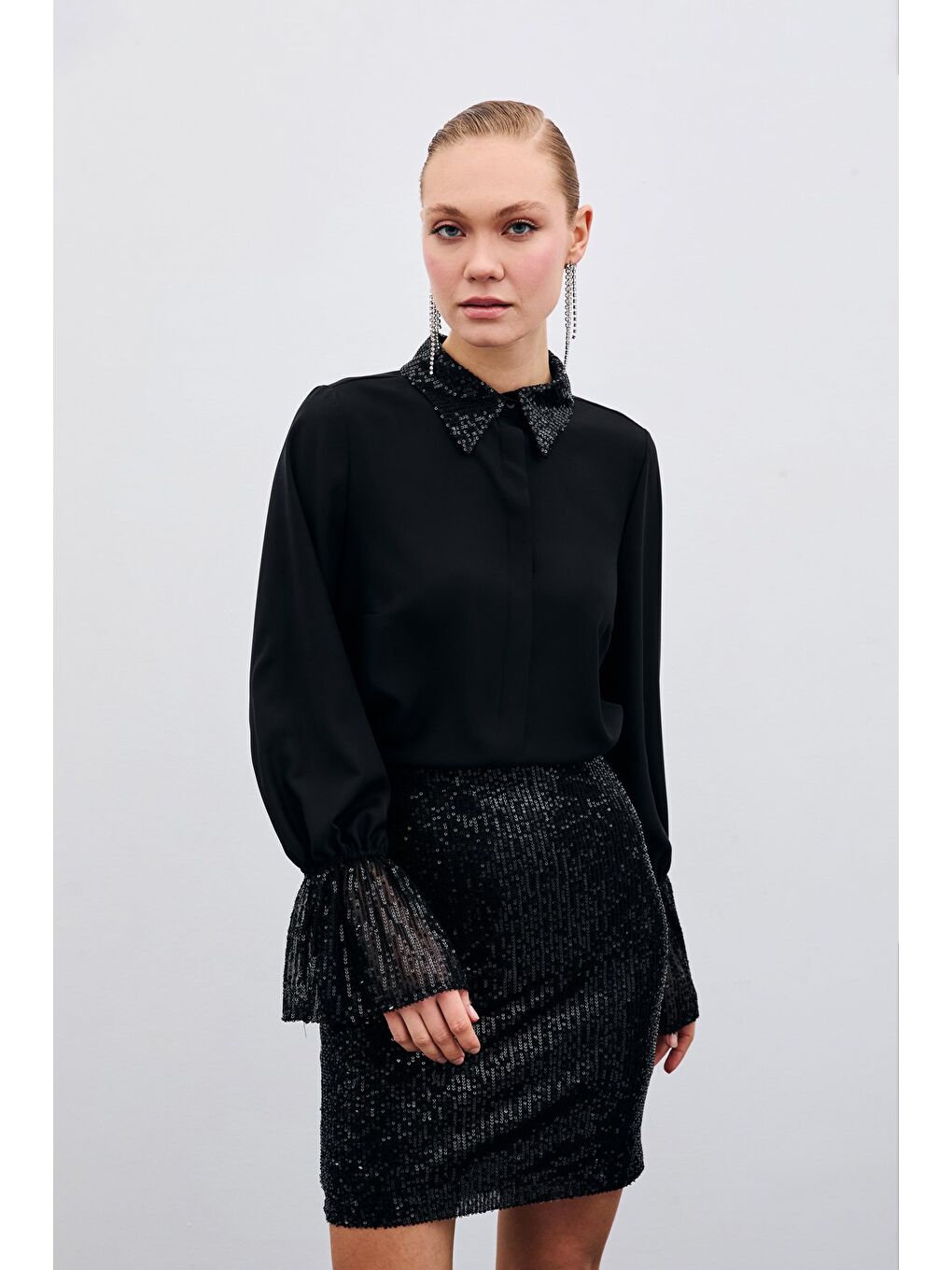 Payet Detaylı Gömlek - Siyah-6