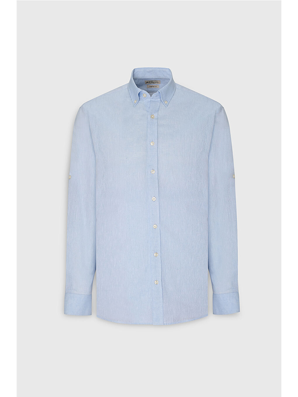 Erkek Açık Mavi Comfort Fit Rahat Kesim Düğmeli Yaka Casual Keten Gömlek-5