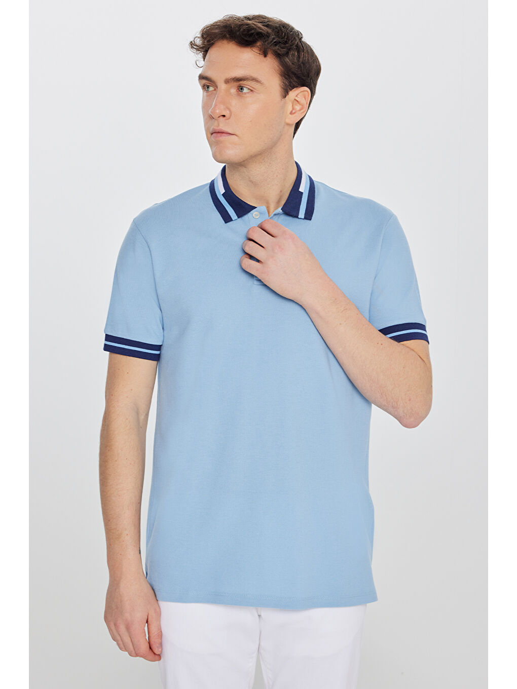 Erkek Açık Mavi Slim Fit Dar Kesim %100 Pamuk Polo Yaka Tişört-3