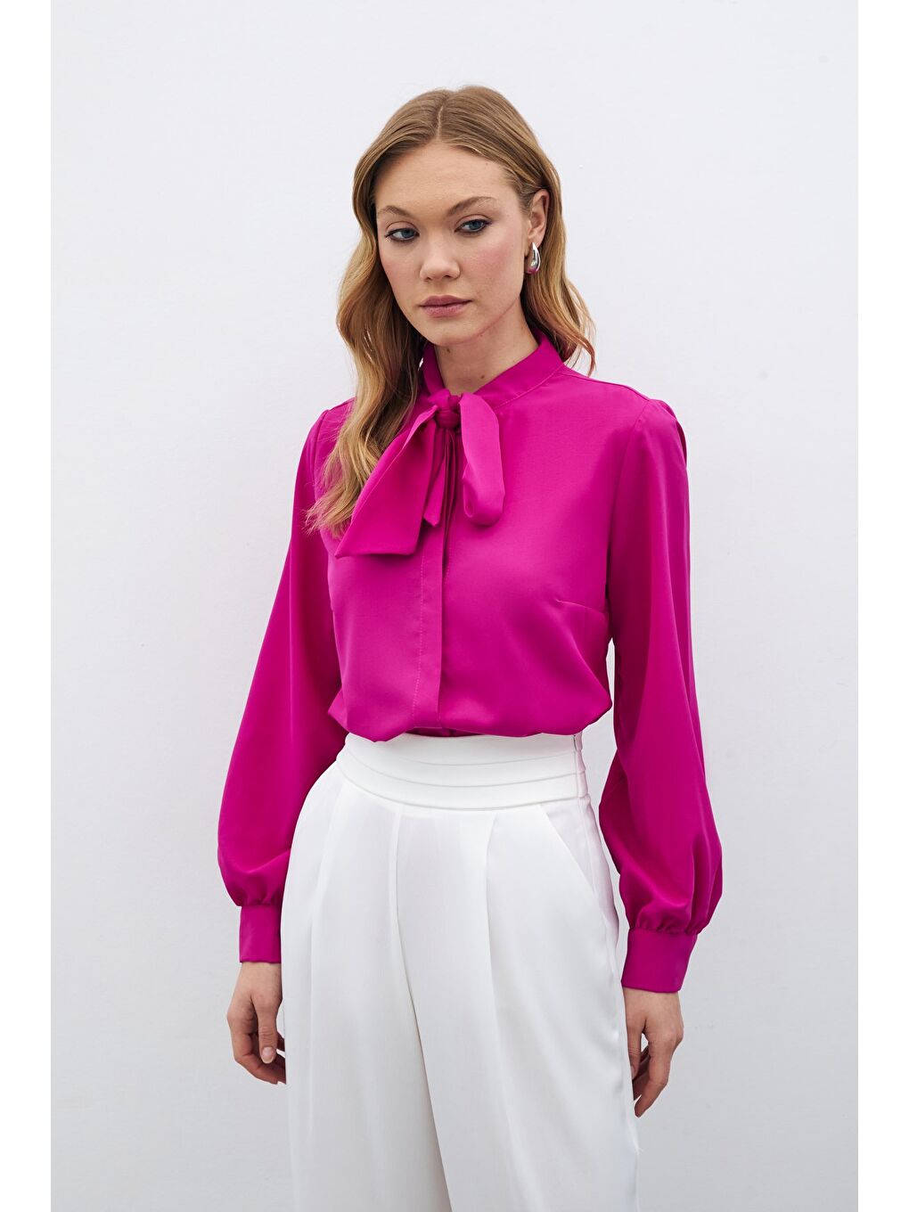 Yakası Bağlamalı Düz Gömlek - Fuşya-1