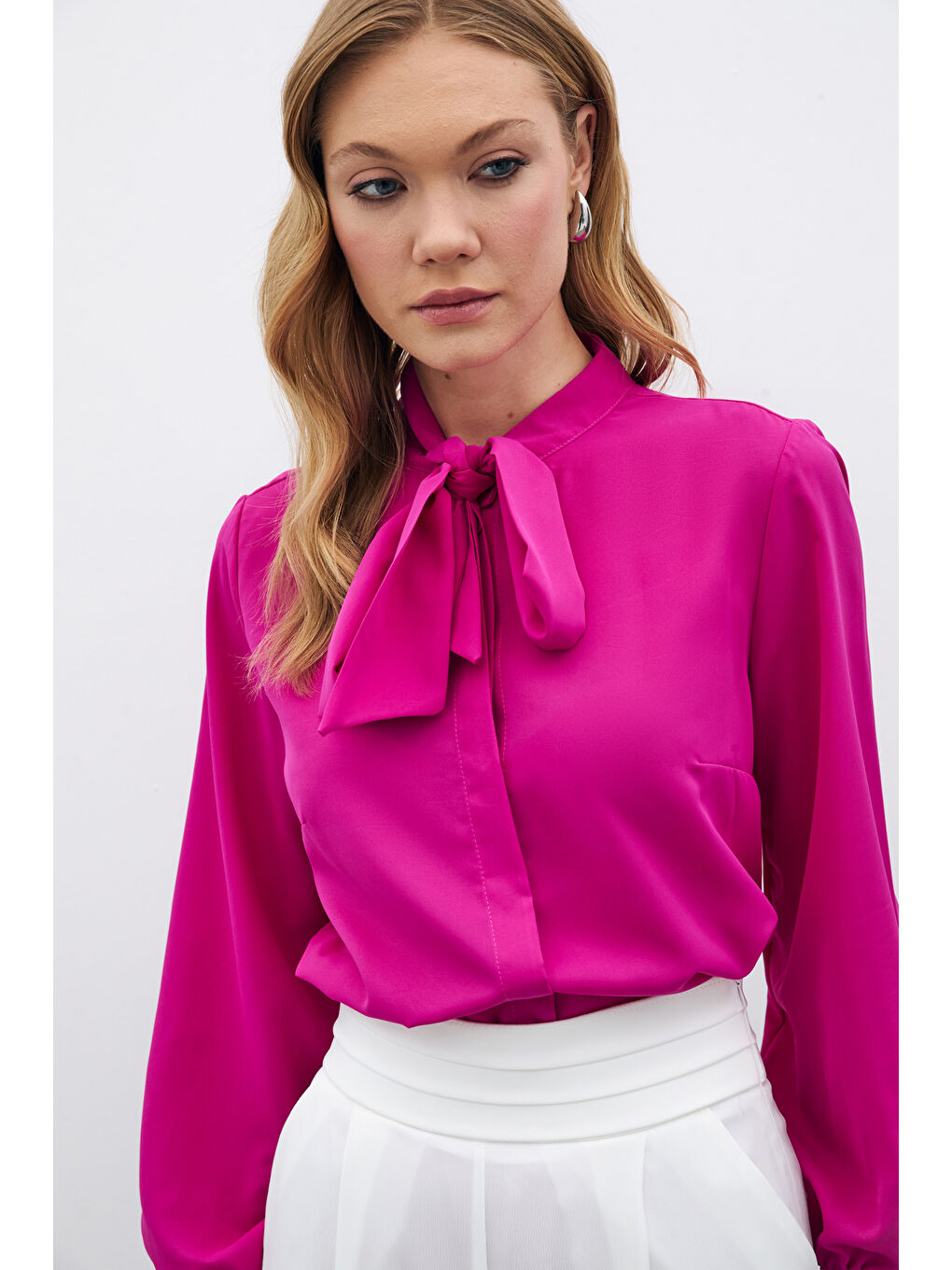 Yakası Bağlamalı Düz Gömlek - Fuşya-2