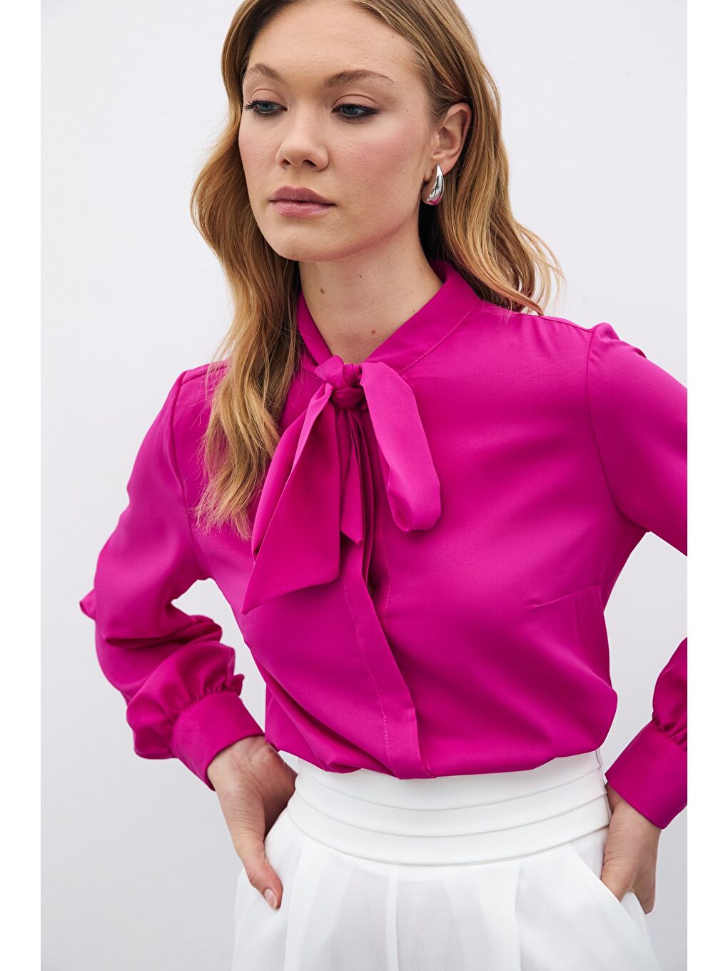 Yakası Bağlamalı Düz Gömlek - Fuşya-3