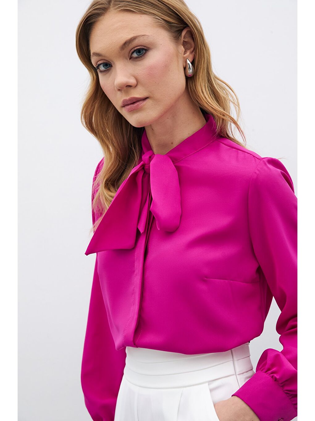 Yakası Bağlamalı Düz Gömlek - Fuşya-4