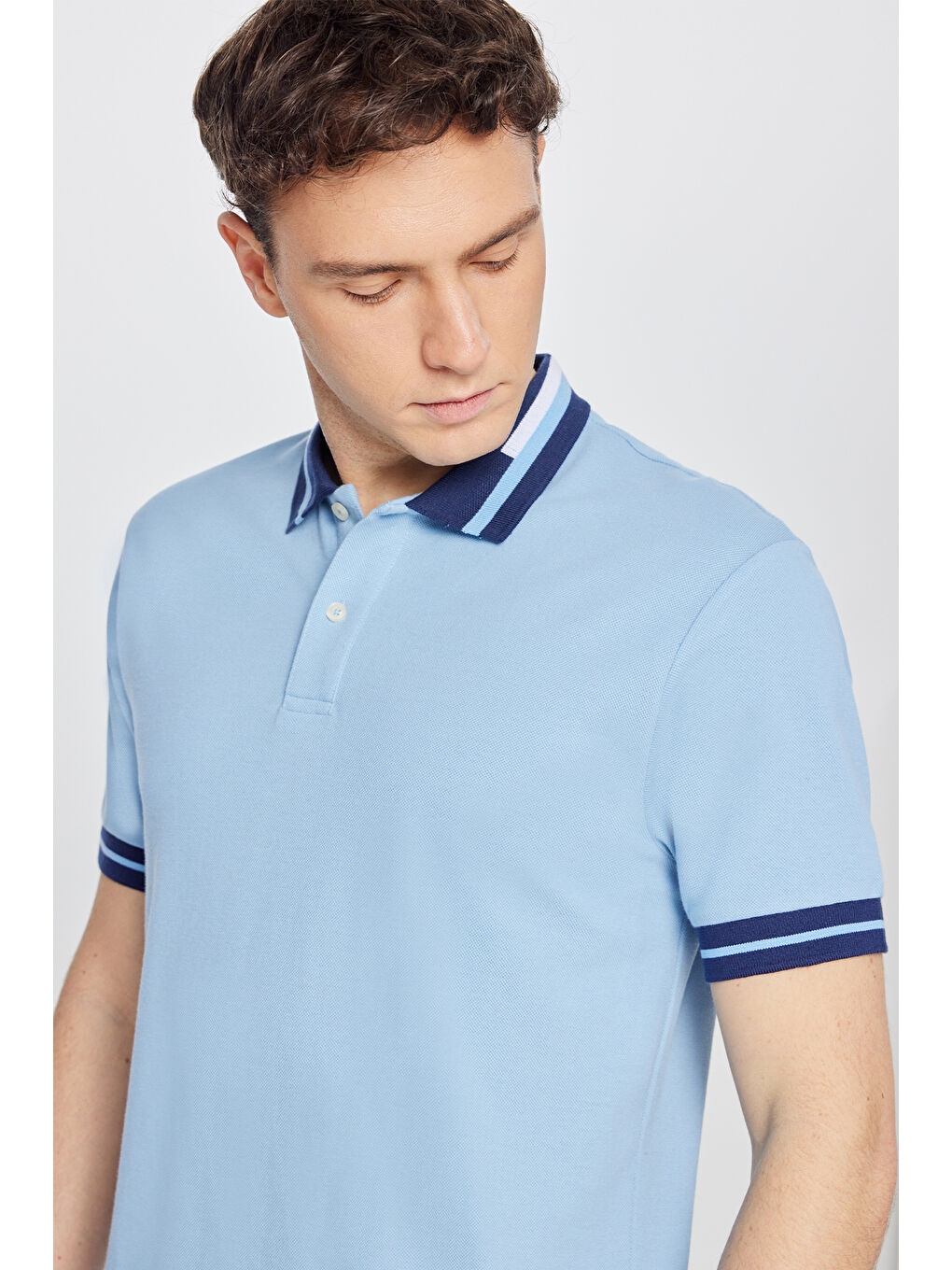 Erkek Açık Mavi Slim Fit Dar Kesim %100 Pamuk Polo Yaka Tişört-4