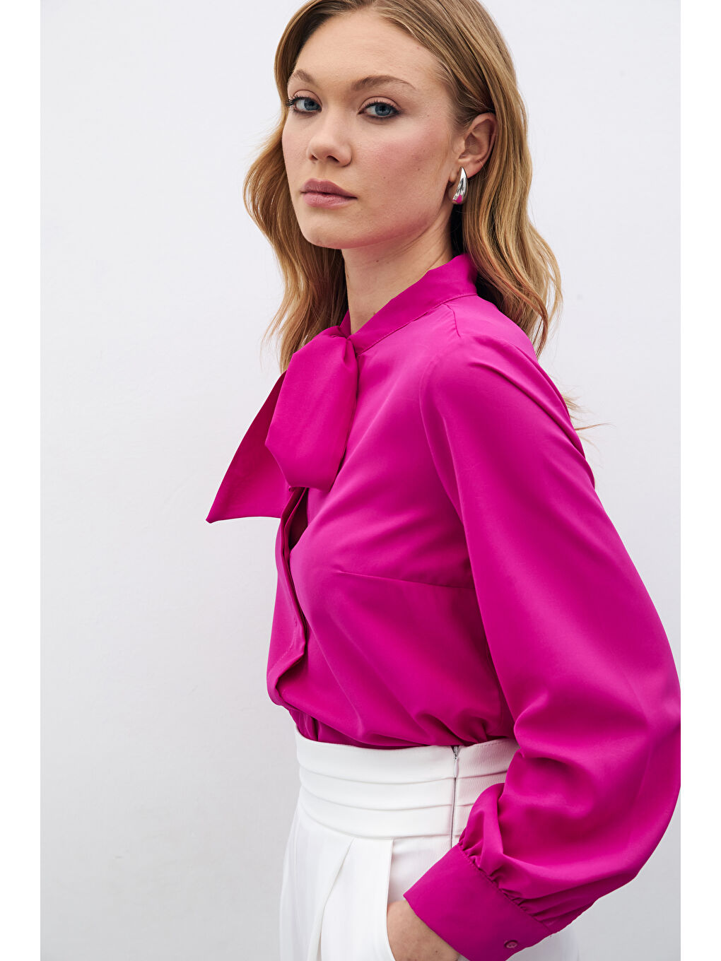 Yakası Bağlamalı Düz Gömlek - Fuşya-5