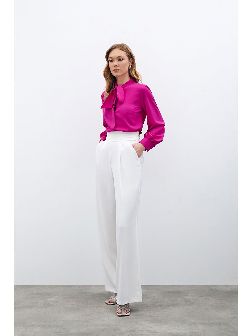 Yakası Bağlamalı Düz Gömlek - Fuşya-6