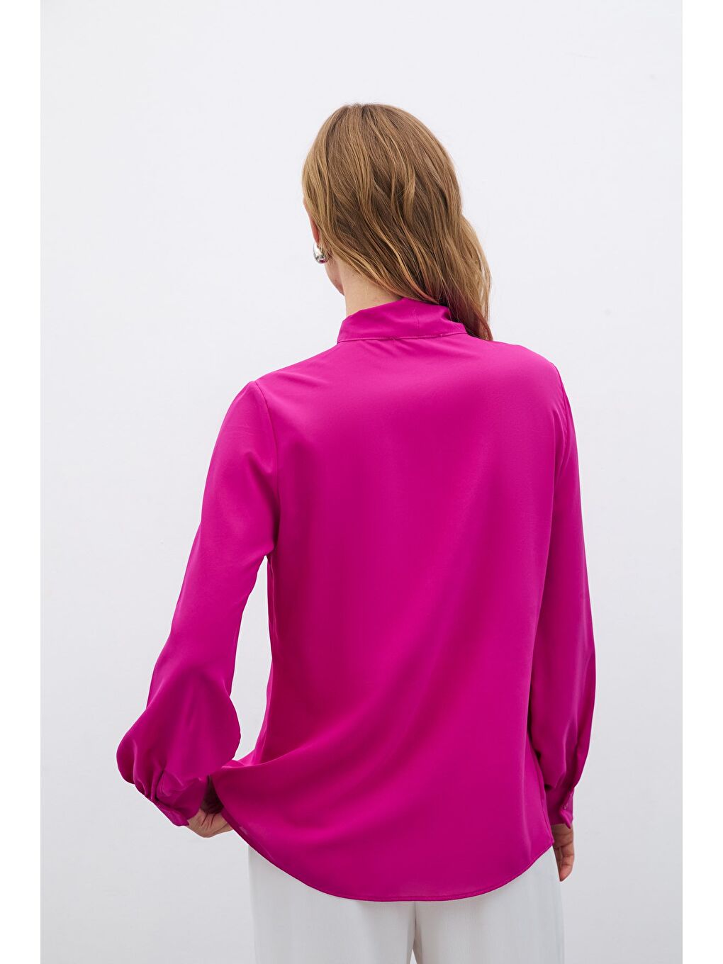 Yakası Bağlamalı Düz Gömlek - Fuşya-7