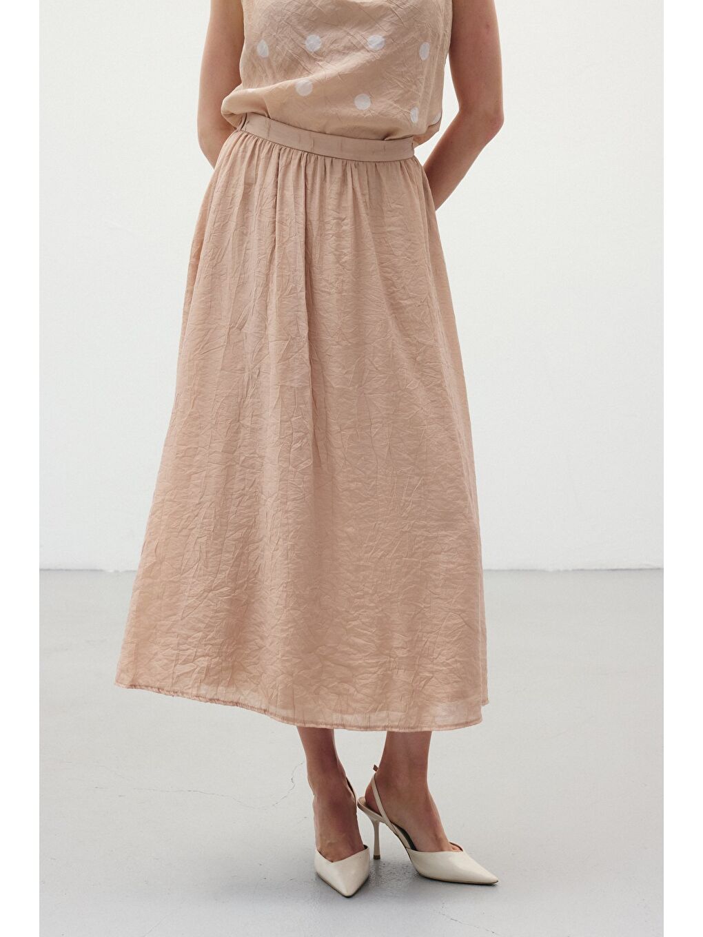 Pembe Kraşlı Kloş Etek - Pudra-2