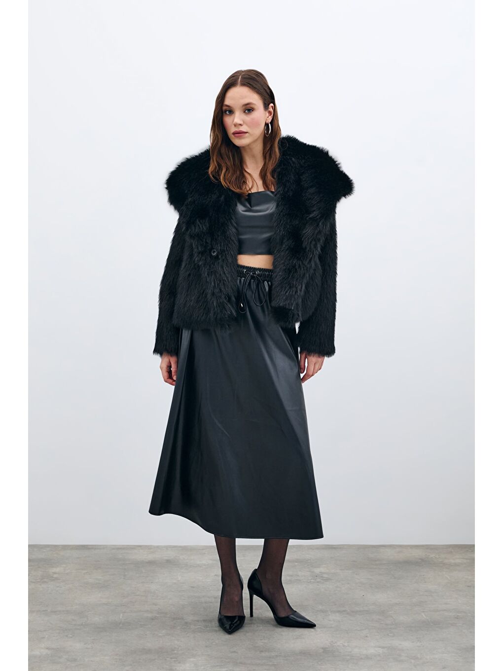 Bel Lastikli Deri Etek - Siyah-1