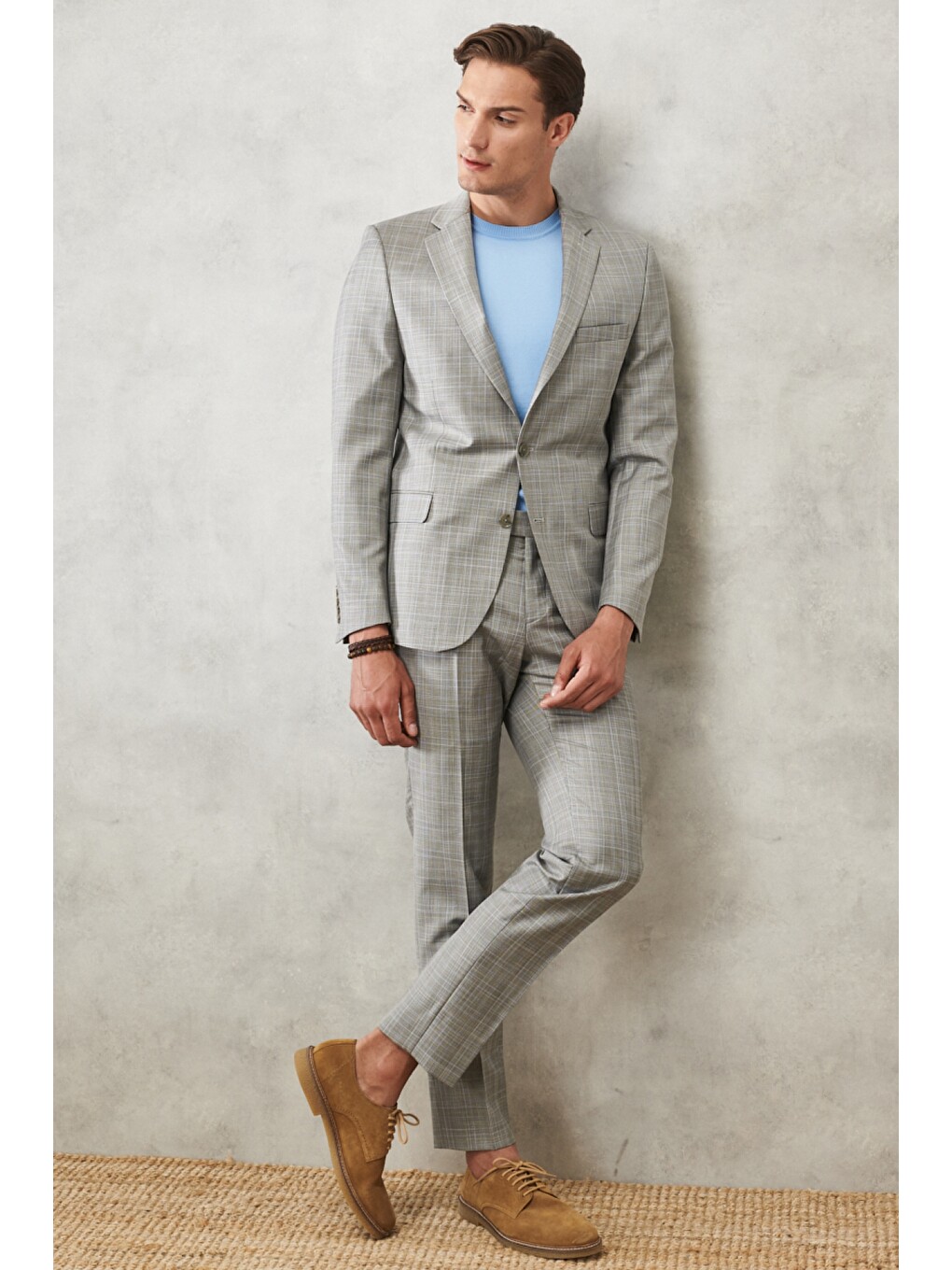 Erkek Gri-Mavi Ekstra Slim Fit Dar Kesim Mono Yaka Kareli Klasik Takım Elbise-4