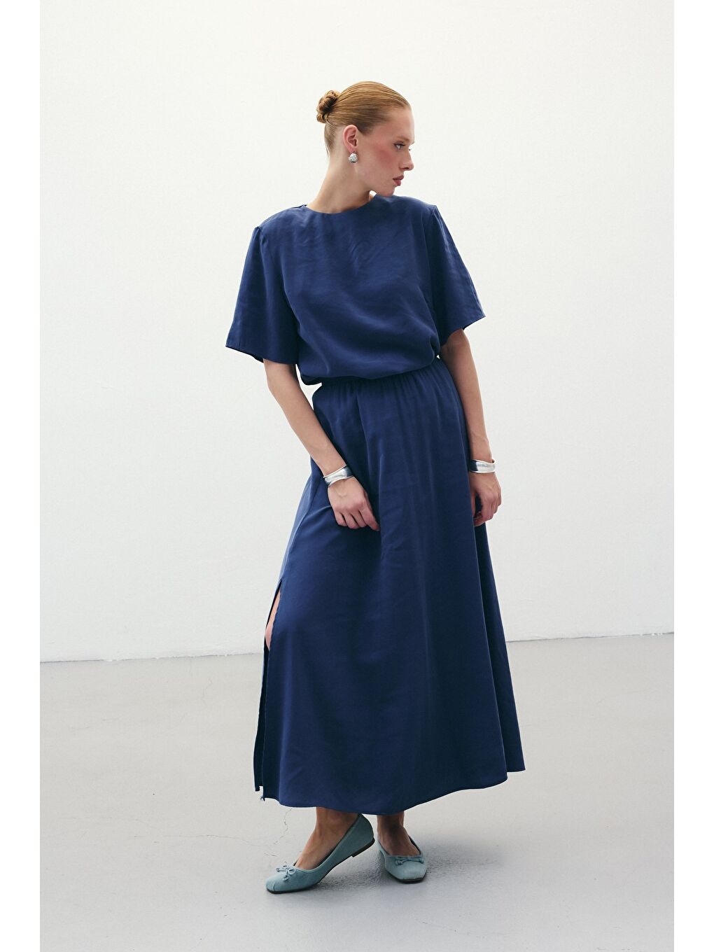Yırtmaçlı Uzun Etek - İndigo