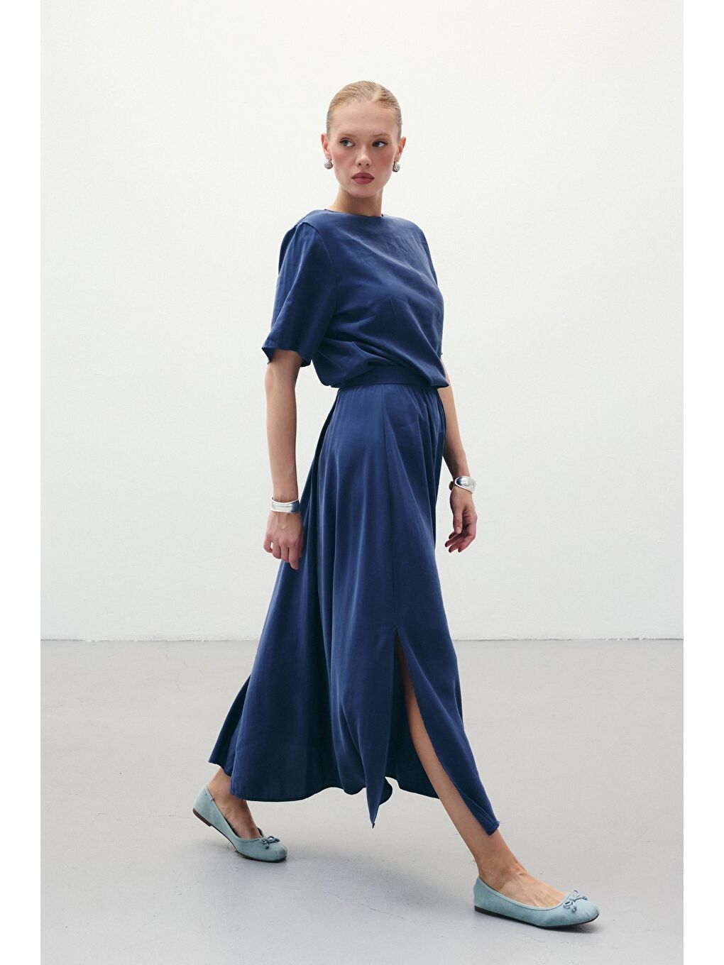 Yırtmaçlı Uzun Etek - İndigo-1