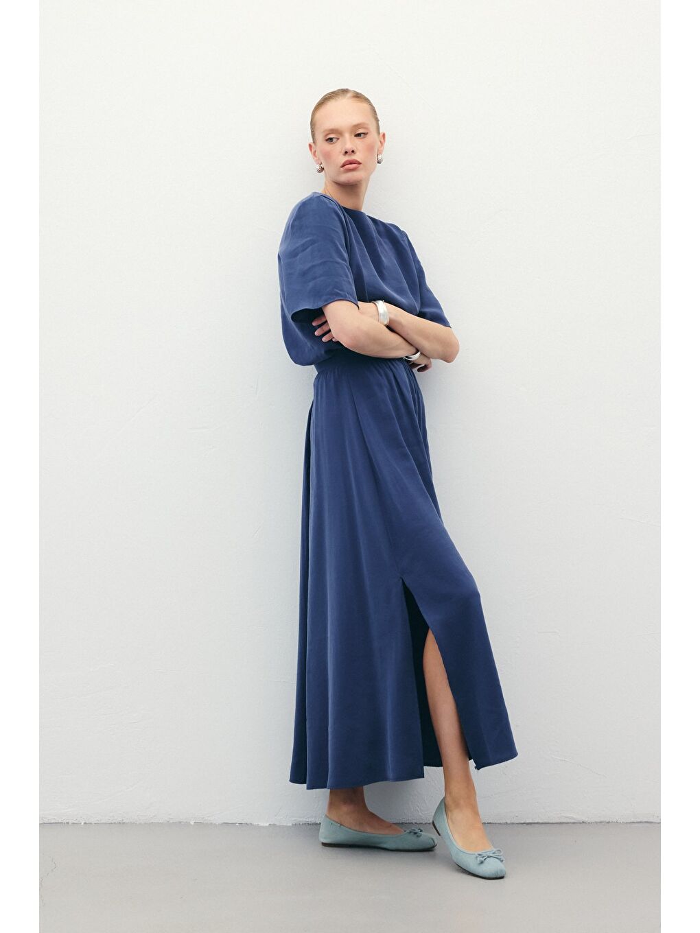 Yırtmaçlı Uzun Etek - İndigo-2