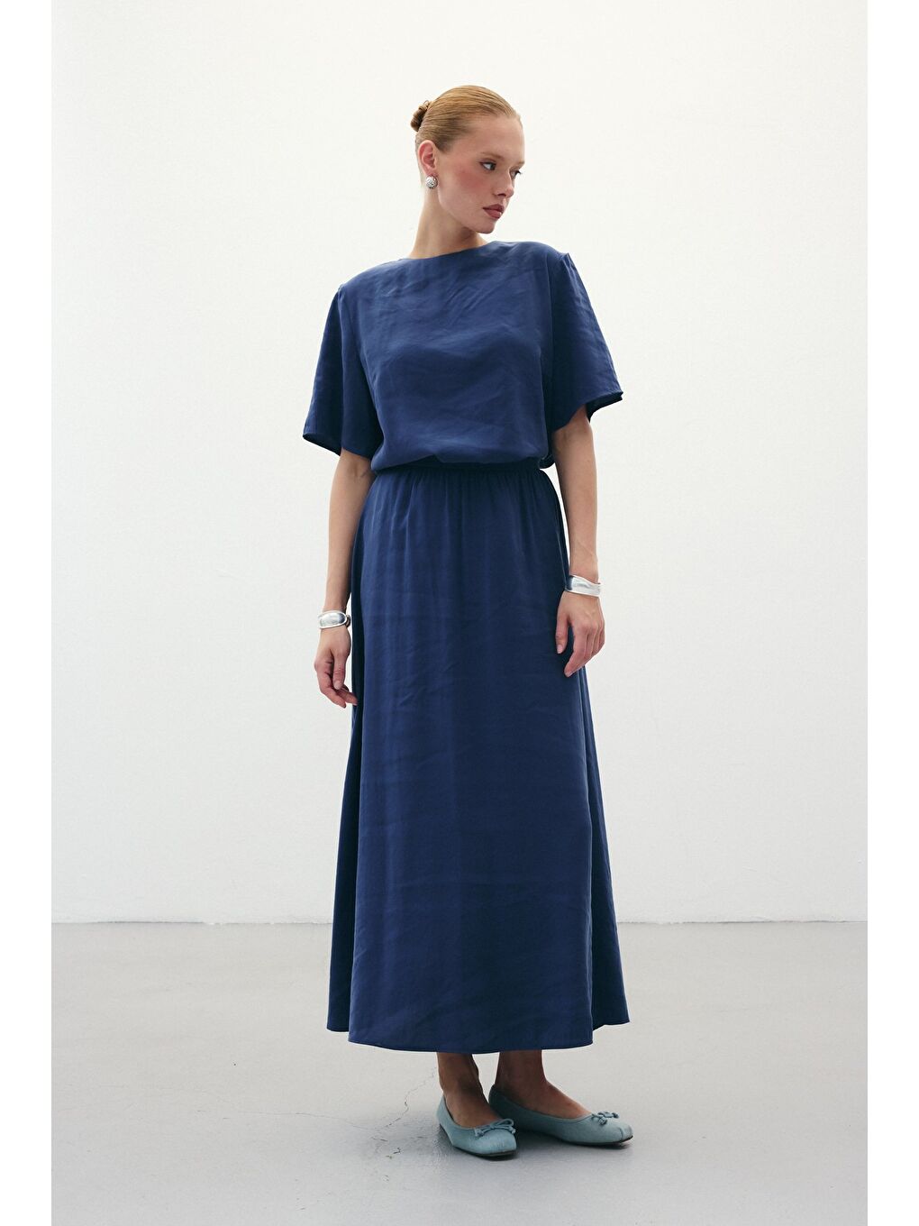 Yırtmaçlı Uzun Etek - İndigo-3