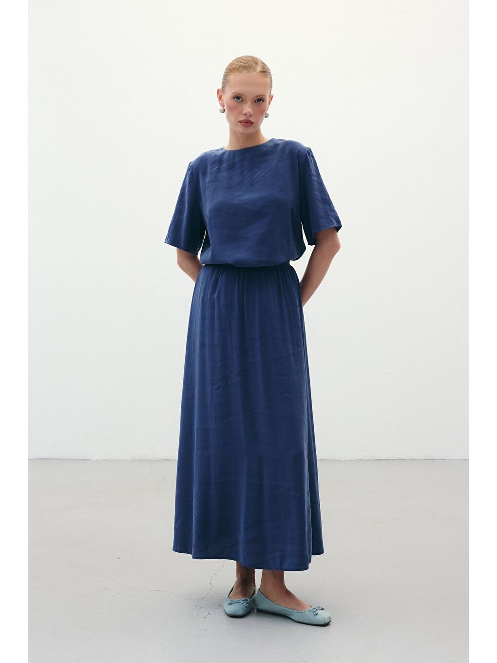 Yırtmaçlı Uzun Etek - İndigo-4