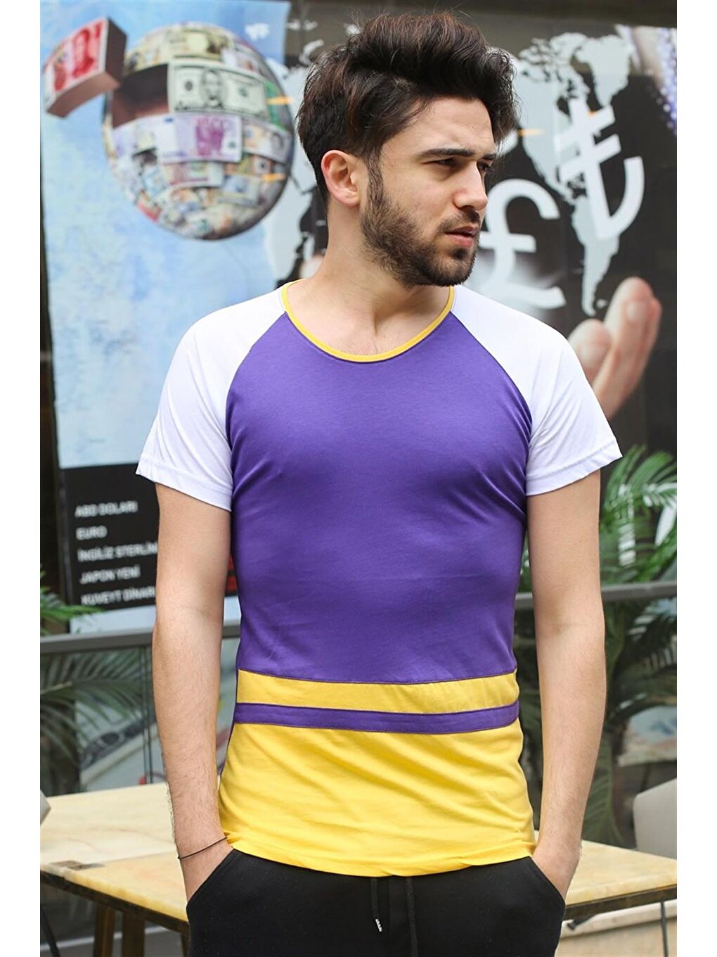 Şerit Detaylı Mor Tişört 3014