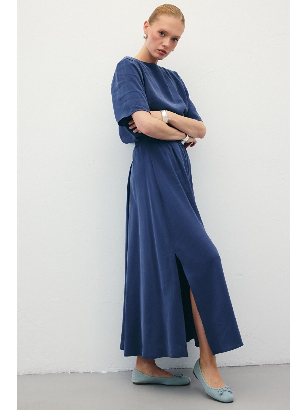 Yırtmaçlı Uzun Etek - İndigo-5