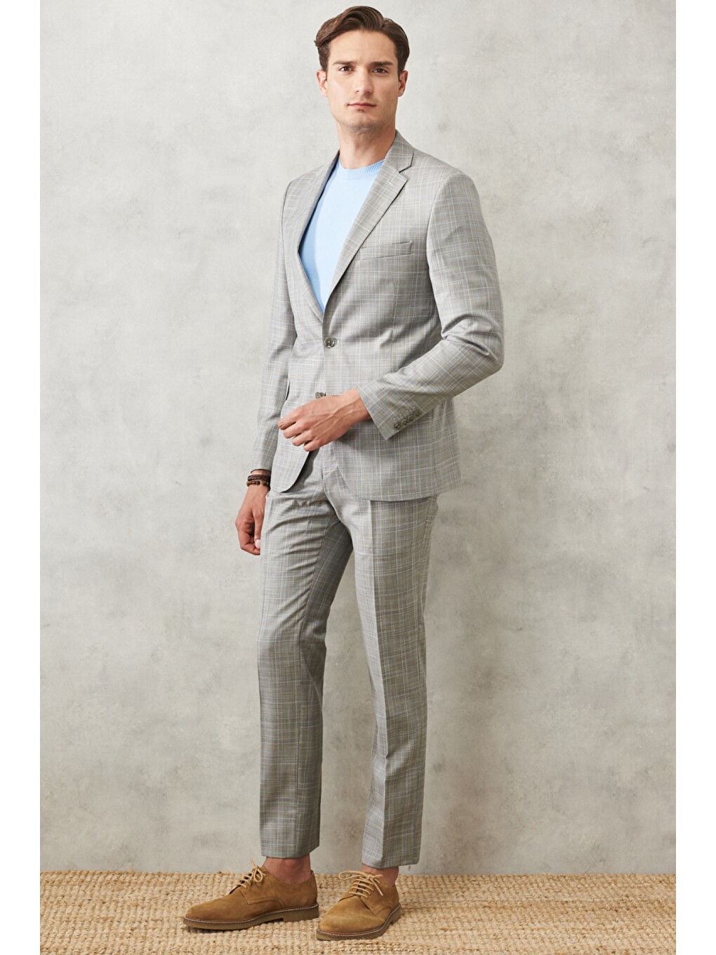 Erkek Gri-Mavi Ekstra Slim Fit Dar Kesim Mono Yaka Kareli Klasik Takım Elbise-5