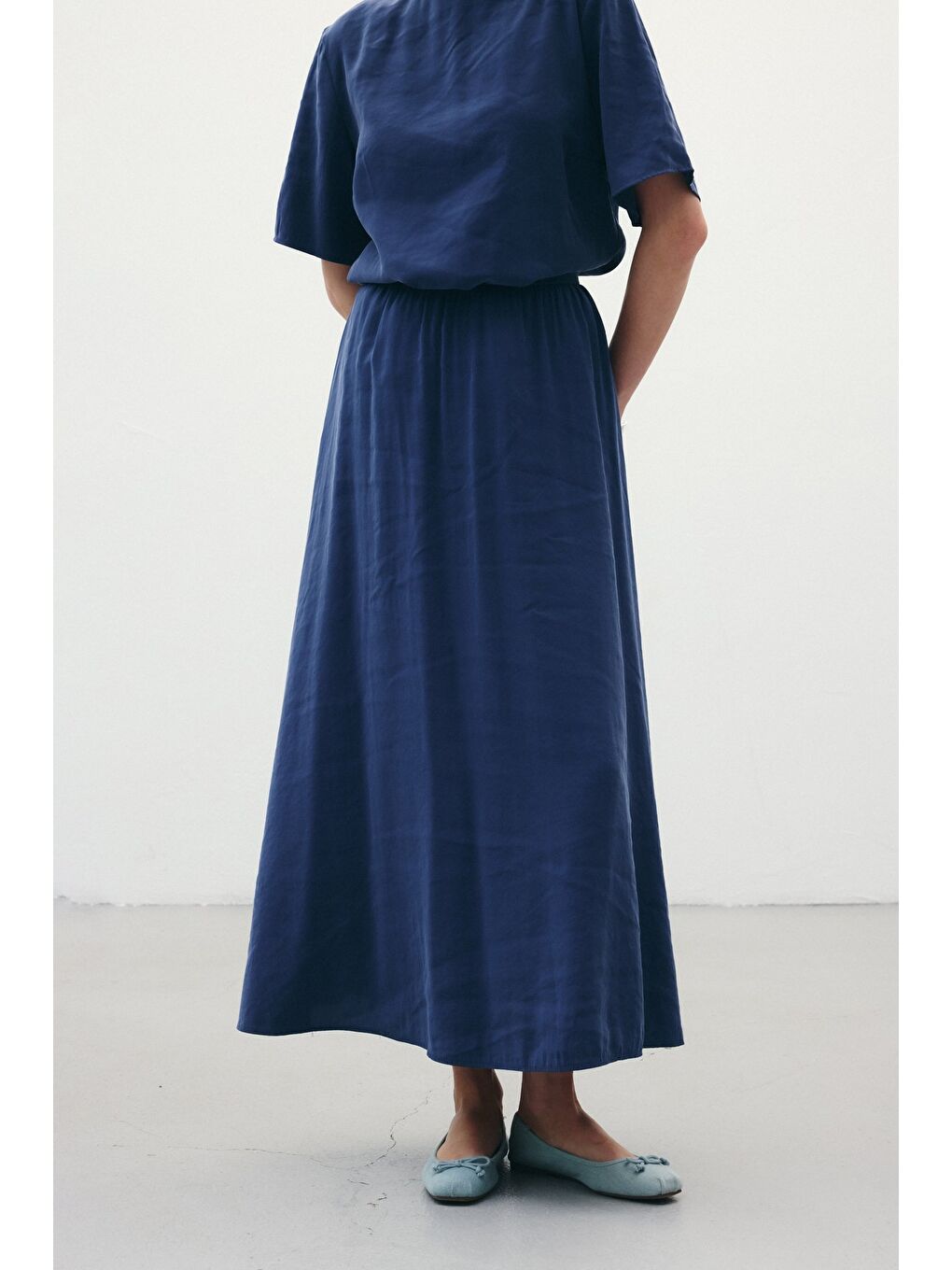 Yırtmaçlı Uzun Etek - İndigo-6