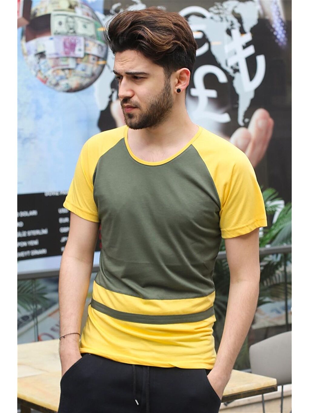 Şerit Detaylı Haki Tişört 3014