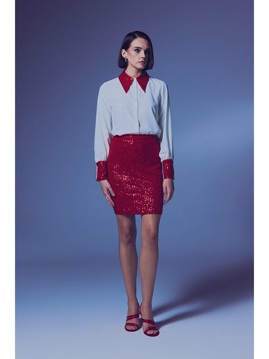 Payetli Mini Etek - Kırmızı