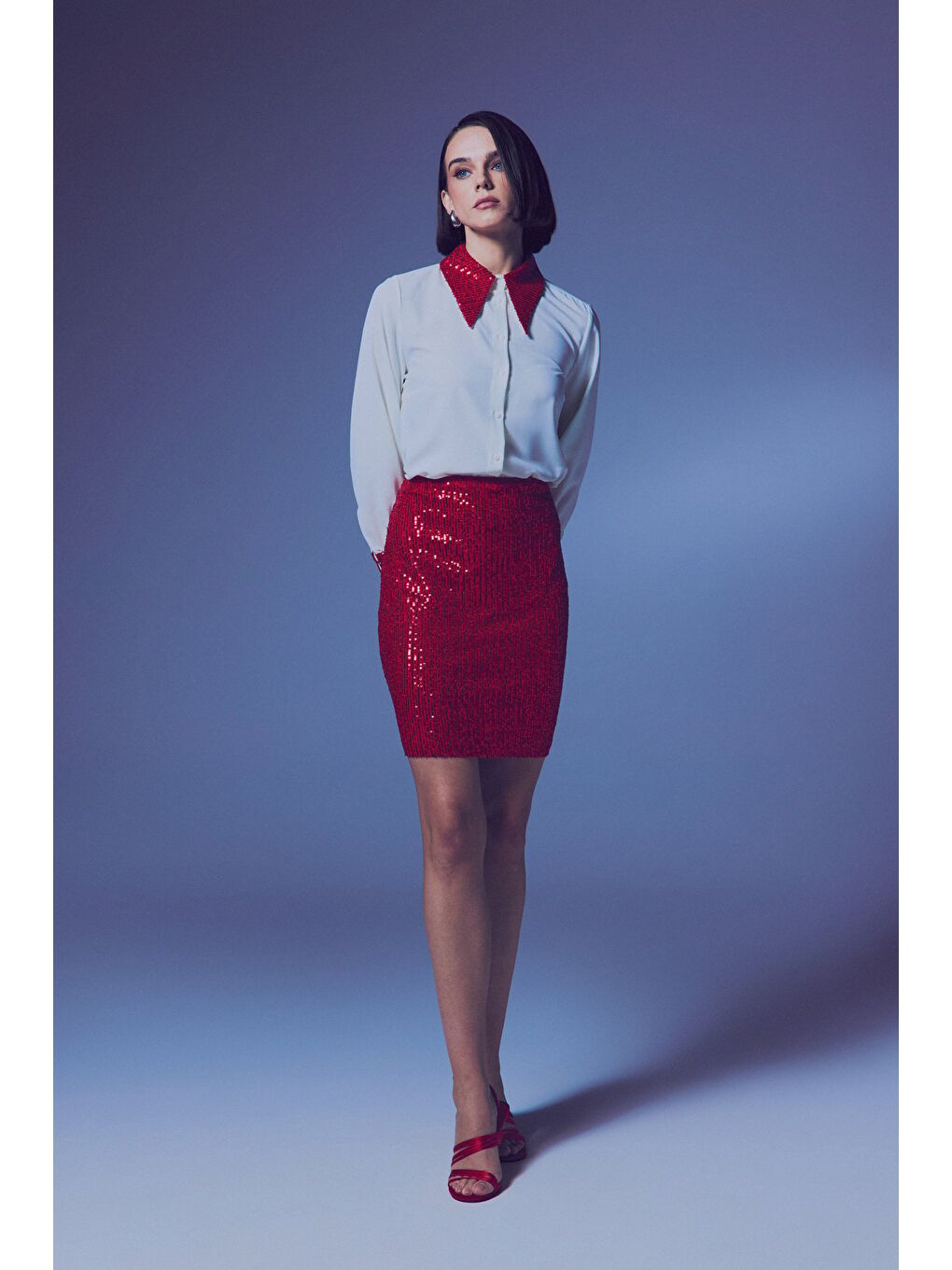 Payetli Mini Etek - Kırmızı-1