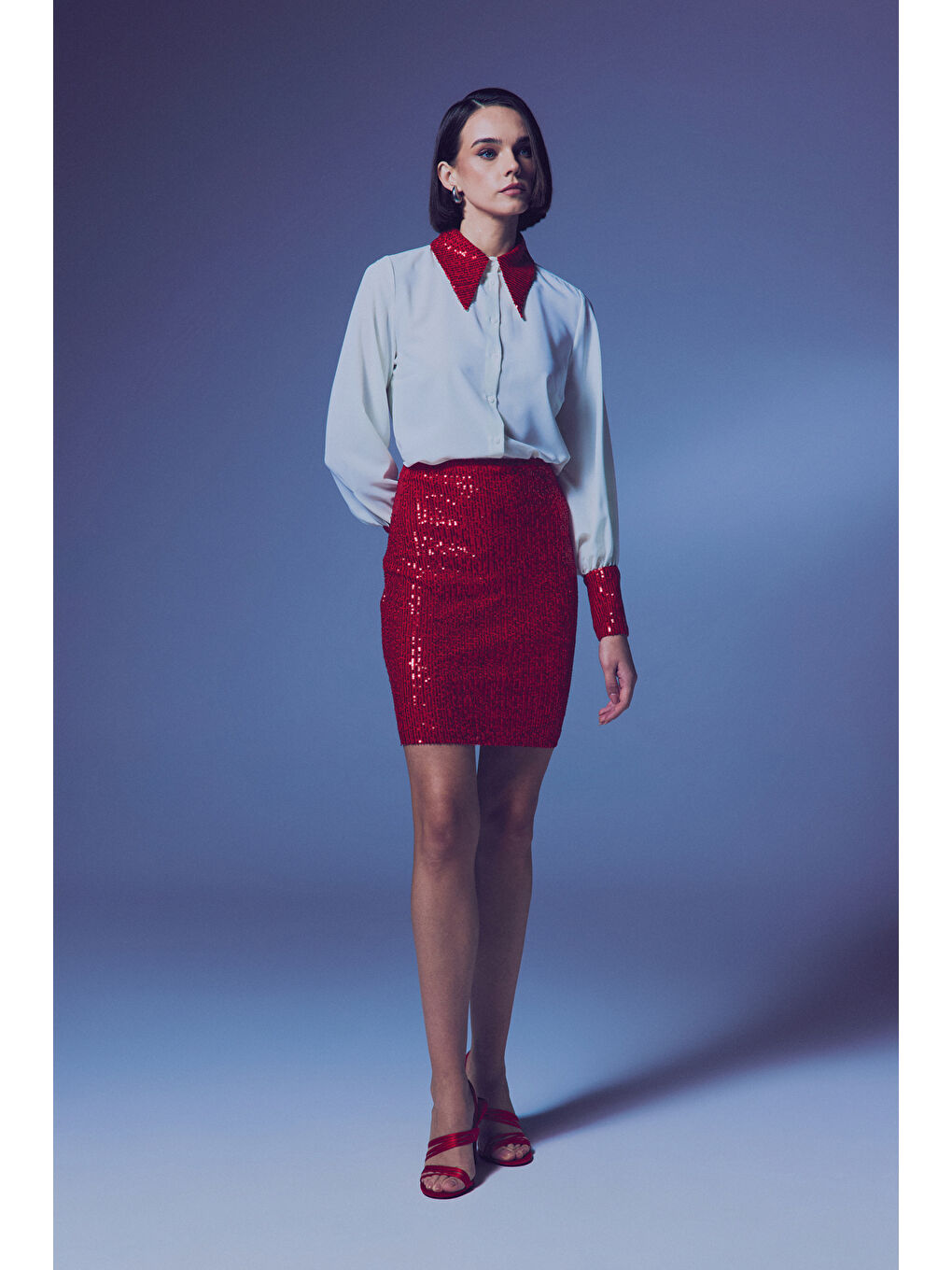 Payetli Mini Etek - Kırmızı-2