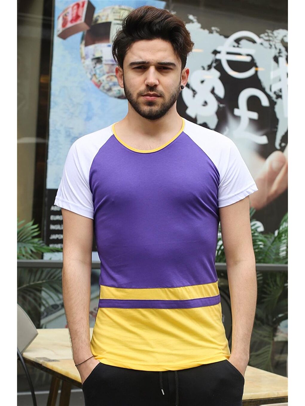 Şerit Detaylı Mor Tişört 3014-1