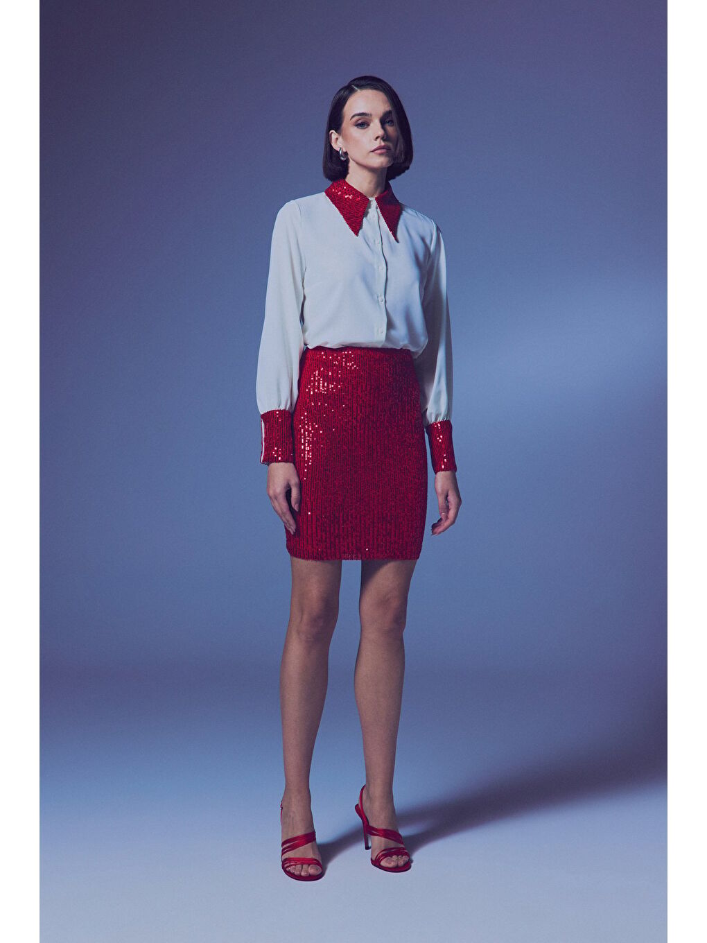 Payetli Mini Etek - Kırmızı-3