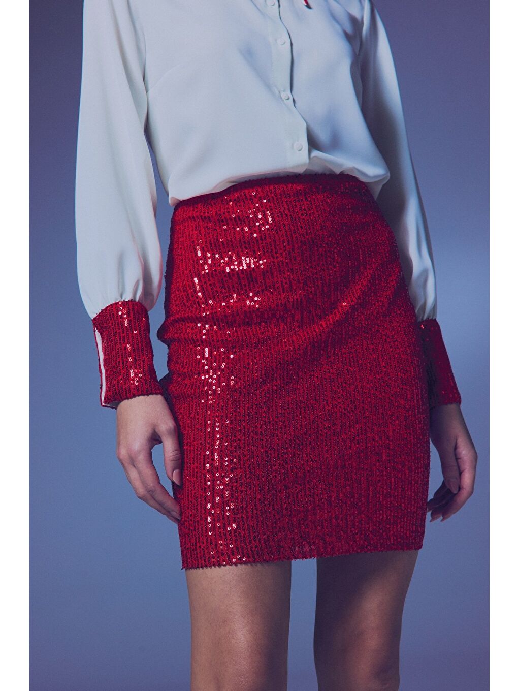 Payetli Mini Etek - Kırmızı-4