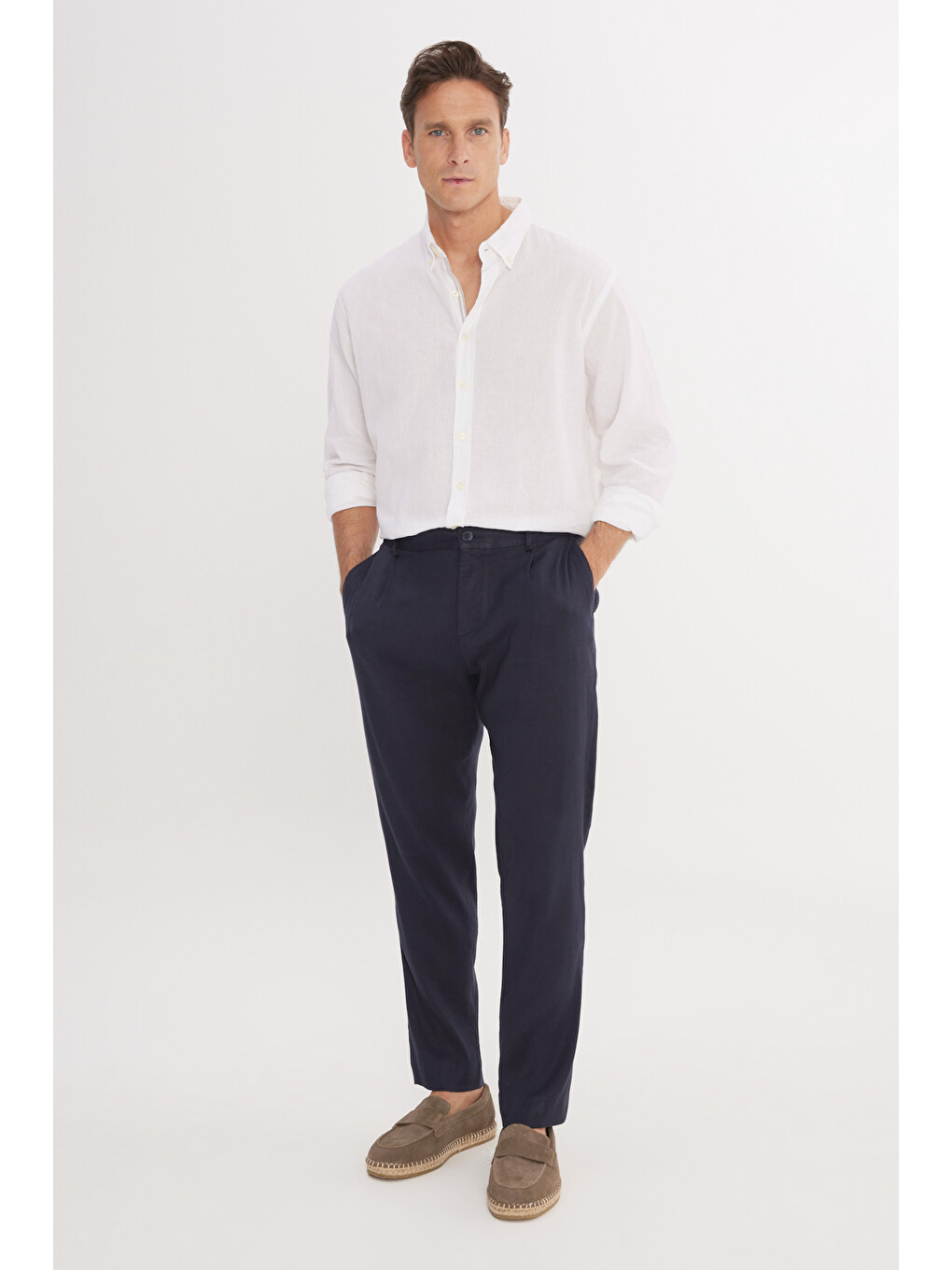 Erkek Lacivert Keten Slim Fit Dar Kesim Beli Lastikli Yan Cepli Esnek Pantolon