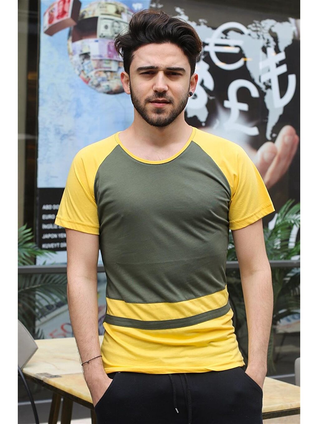 Şerit Detaylı Haki Tişört 3014-1