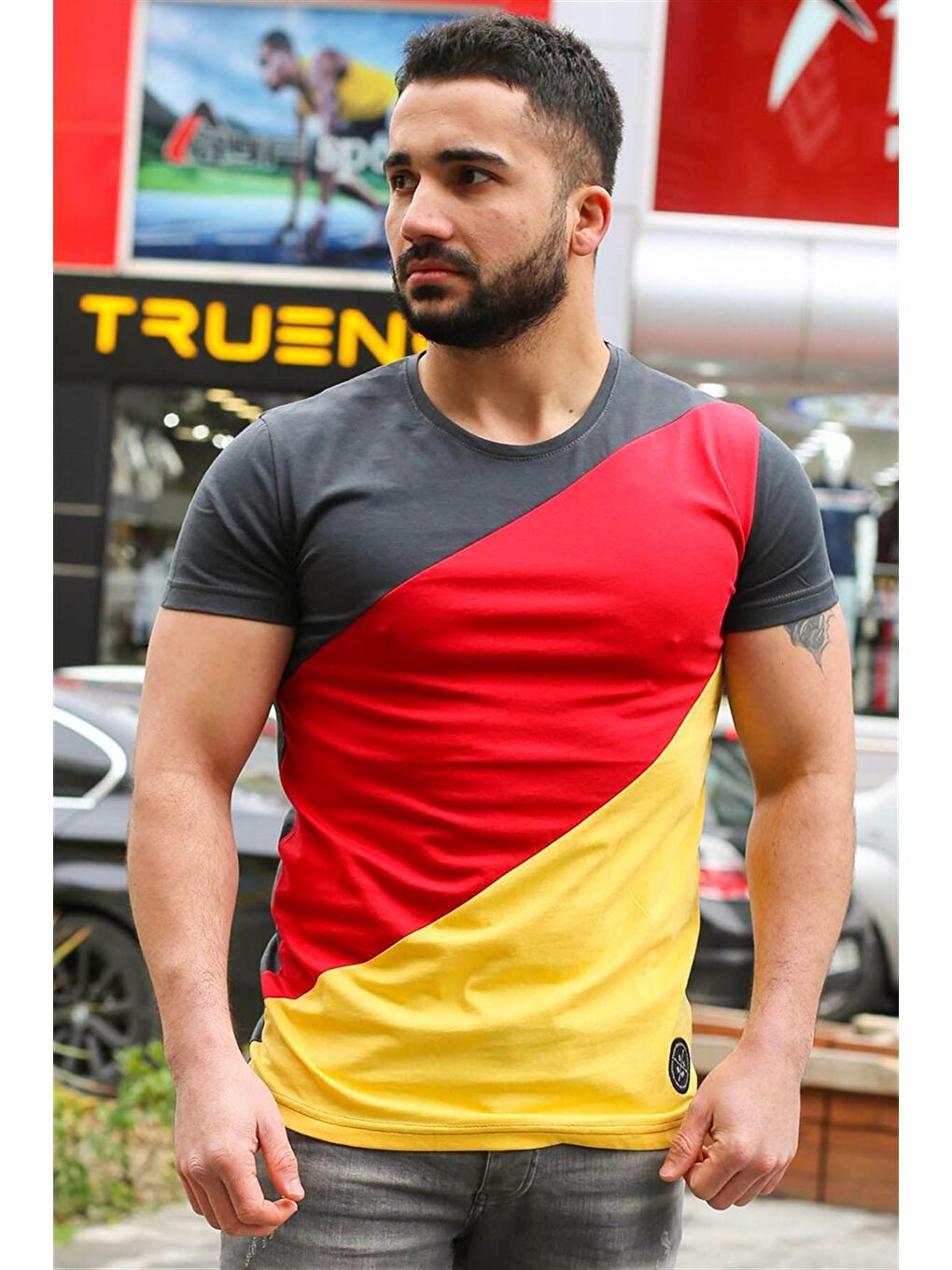 Gri Renk Bloklu Füme %100 Pamuk Tişört 3018-1