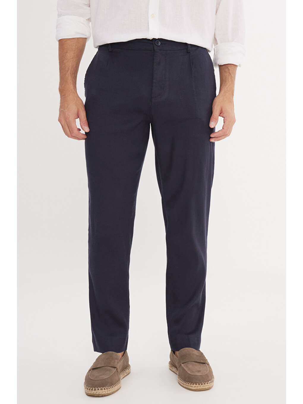 Erkek Lacivert Keten Slim Fit Dar Kesim Beli Lastikli Yan Cepli Esnek Pantolon-1