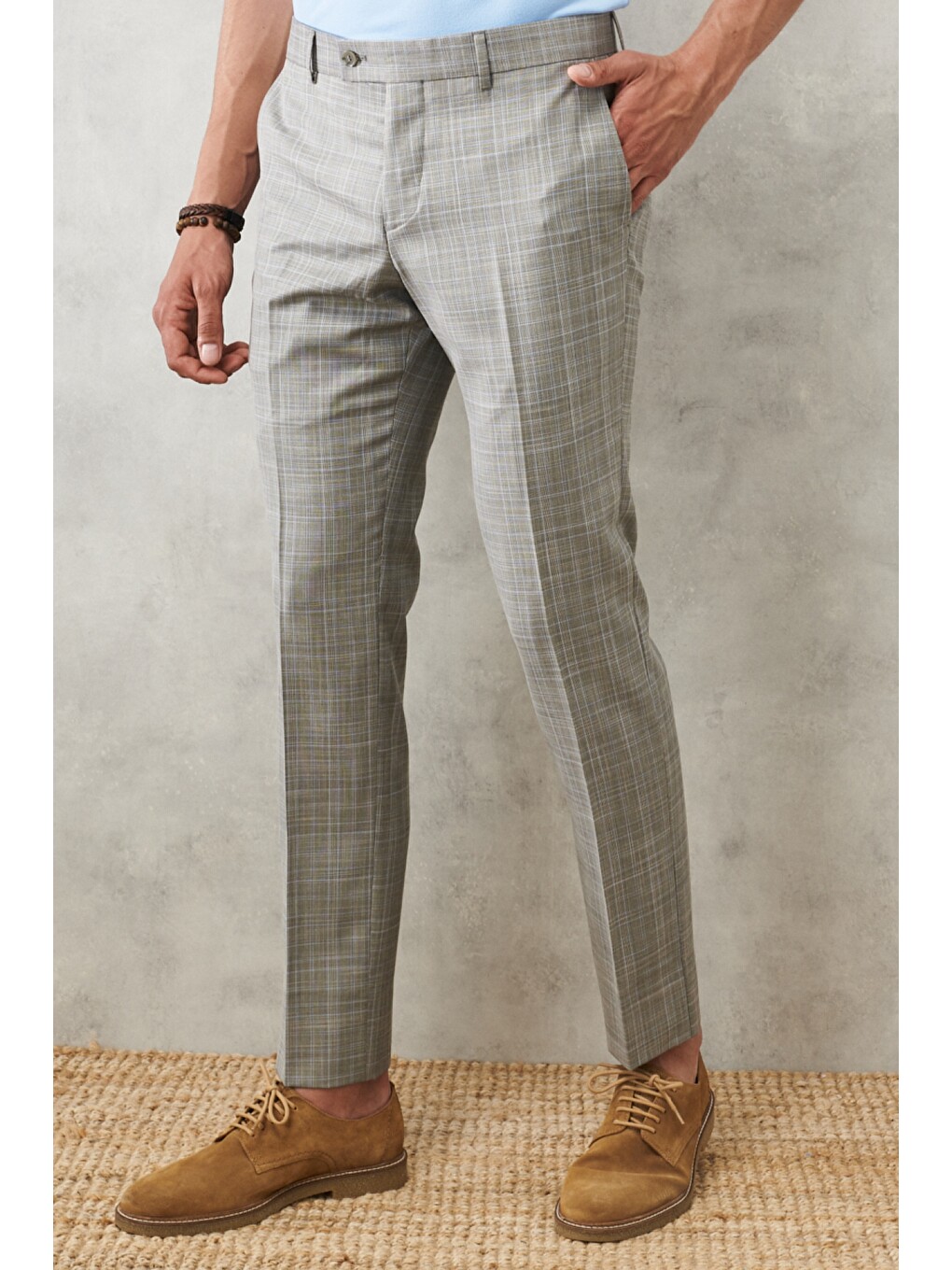 Erkek Gri-Mavi Ekstra Slim Fit Dar Kesim Mono Yaka Kareli Klasik Takım Elbise-7
